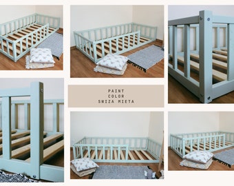 Lit enfant cabane letto Sol Montessori pour tout-petits Cadre de lit plateforme avec barreaux à lattes Lit enfant avec garde-corps bett bodenbett