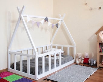 Montessori vloerbed met latten, vloer Tipi peuterbed, platformbedframe voor kinderen, peutervloerbed op speelkamer, kindermeubilair,