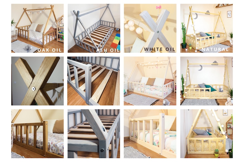 Toddler floor tepee montessori platform bed frame for kids montessori furniture, the owl tiny house, little space solid wood child bed frame white (oil)