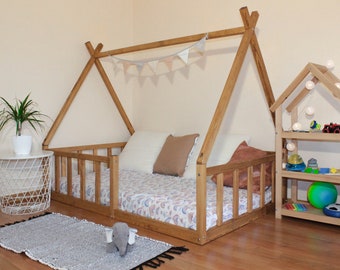 Toddler floor tepee montessori platform bed frame for kids montessori furniture, the owl tiny house, little space solid wood child bed frame