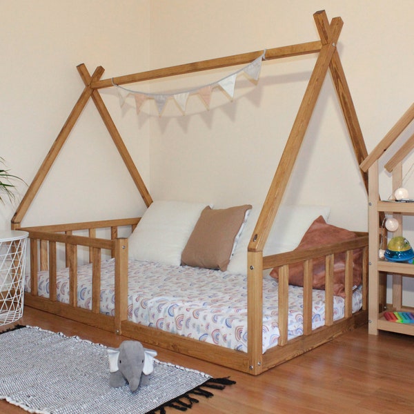 Peuter vloer tipi montessori platform bedframe voor kinderen montessori meubels, het uil kleine huis, weinig ruimte massief houten kinderbedframe