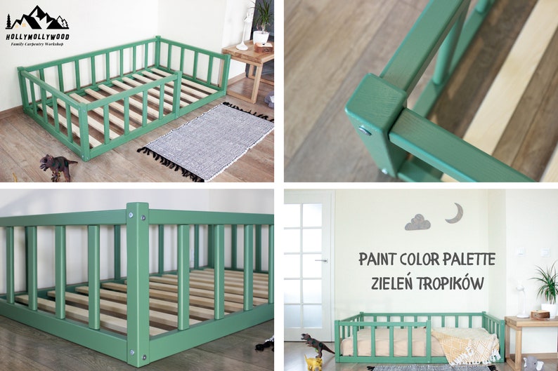 May include: A green wooden toddler bed with a removable side rail. The bed is shown in a room with a rug and a dinosaur toy. The text "PAINT COLOR PALETTE ZIELEN TROPIKOW" is visible on the wall.
