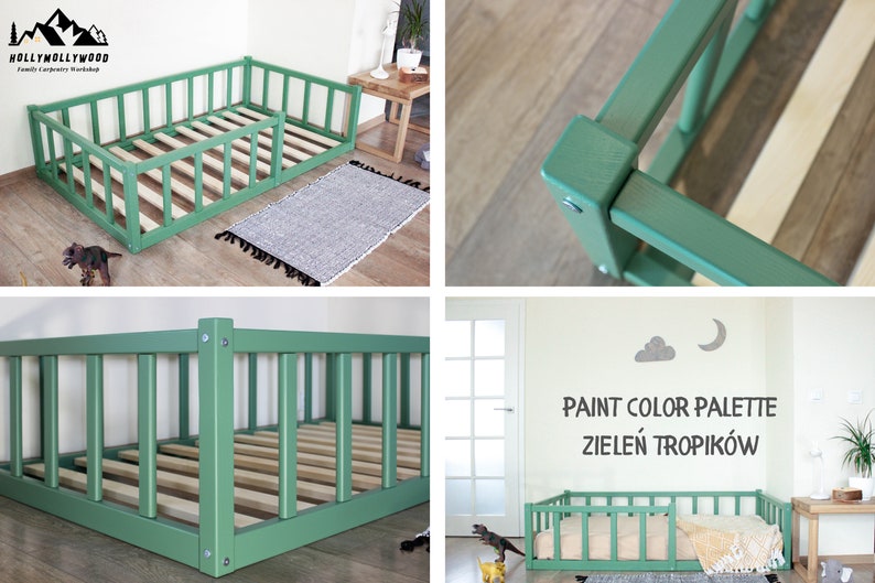 Montessori floor toddler bed, Bed frame with slats Floor bed with rails Platform bed frame Children's bed with railing, montessori furniture image 10