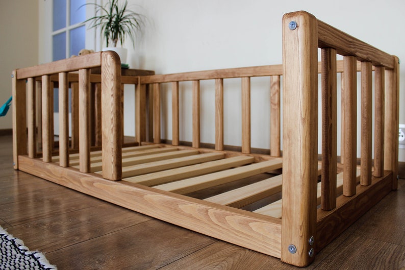 Nursery Platform Montessori floor toddler Bed frame with ROUND CORNERS slats rails Children's bed railing furniture bodenbett Kinderbett image 1