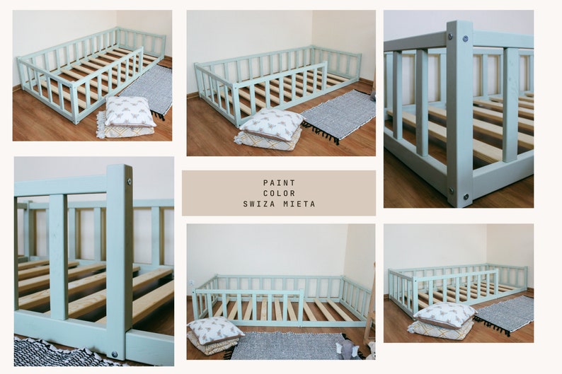 May include: A light blue wooden toddler bed with a removable safety rail. The bed has a slatted base and is shown with pillows and a rug.
