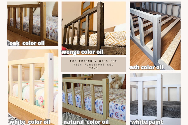 Montessori floor toddler bed, Bed frame with slats Floor bed with rails Platform bed frame Children's bed with railing, montessori furniture Natural OIL painting