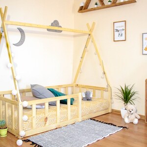 Toddler floor tepee montessori platform bed frame for kids montessori furniture, the owl tiny house, little space solid wood child bed frame natural (oil)