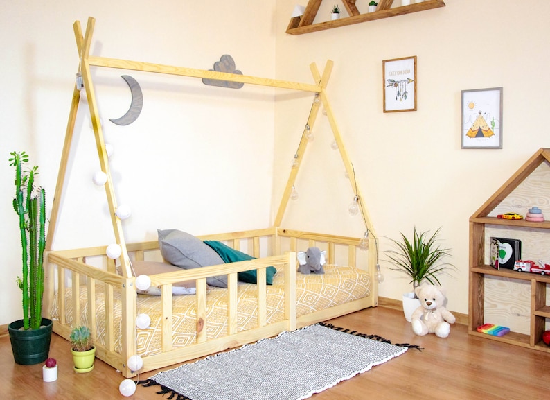 Toddler floor tepee montessori platform bed frame for kids montessori furniture, the owl tiny house, little space solid wood child bed frame natural (oil)