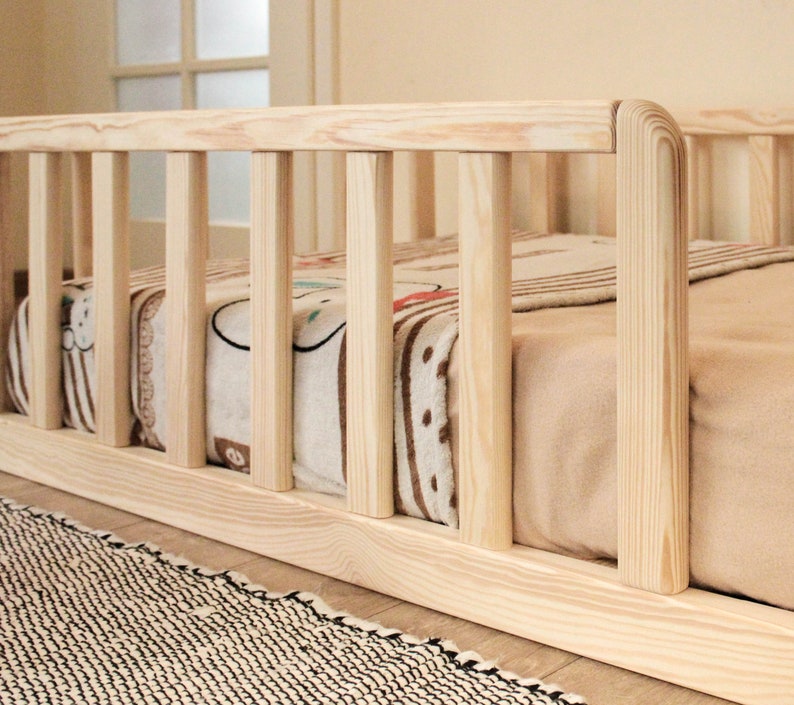 ROUND CORNERS Montessori floor toddler Bed frame with slats rails Platform bed frame Children's bed with railing, montessori furniture zdjęcie 6