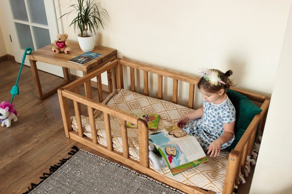 ROUND CORNERS Montessori Floor Toddler Bed Frame With Slats Rails Platform Bed Frame Children s Bed With Railing Montessori Furniture Etsy Canada