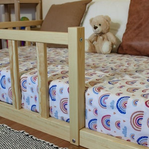 Montessori floor toddler bed, Bed frame with slats Floor bed with rails Platform bed frame Children's bed with railing, montessori furniture image 4