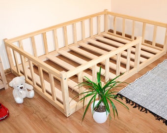 Montessori floor toddler bed, Bed frame with slats Floor bed with rails Platform bed frame Children's bed with railing, montessori furniture