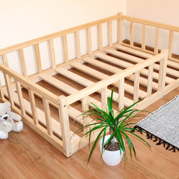 Montessori vloer peuterbed, Bedframe met lattenbodem Vloerbed met rails Platform bedframe Kinderbed met reling, montessori meubelen