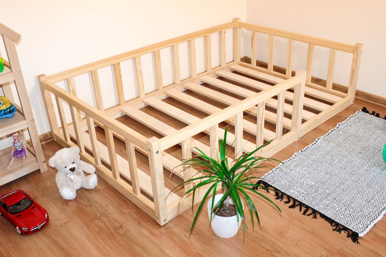 Montessori floor toddler bed, Bed frame with slats Floor bed with rails Platform bed frame Children's bed with railing, montessori furniture image 1