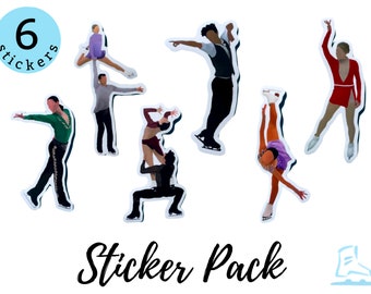 Op de afbeelding: Een stickerpakket met zes figuren met een schaatsmotief. De stickers tonen verschillende kunstschaatsers in verschillende poses. De stickers zijn gedrukt op wit papier en hebben een glanzende afwerking.