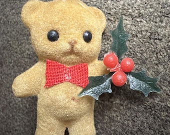 Vintage Flocked Felt Teddy Bear Christmas Ornament