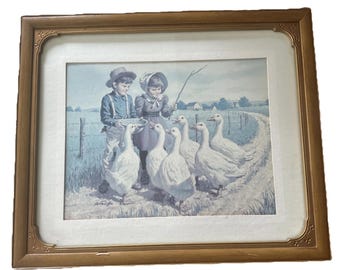 Vintage 1987 Arthur Sarnoff Print "Feeding Time" 19x16 Little Girl With Geese