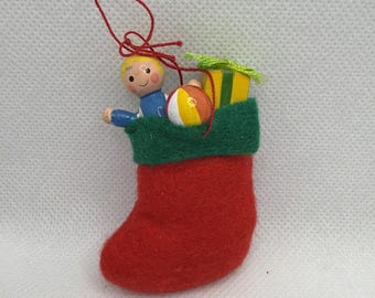 Vintage Christmas Ornament Felt Stocking Hand Painted Wooden Doll Toy Ball Retro