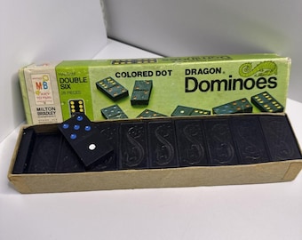 Vintage Double Six Dragon Dominoes 1970 Colored Dots Set 28 Pieces Set In Box