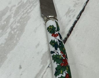 Cuchillo antiguo para untar queso con diseño de acebo navideño de Sheffield, Inglaterra