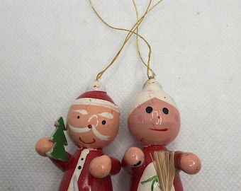 Vintage Wooden Christmas Ornament Small Santa Mrs Claus 2" Tall with Hanger Loop