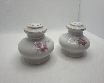 Vintage White Jar Rose Painted Salt and Pepper Shakers Porcelain