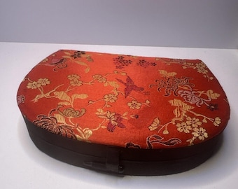 Vintage Small Fabric Embroidery Jewelry Box Case Flower Design Red Black
