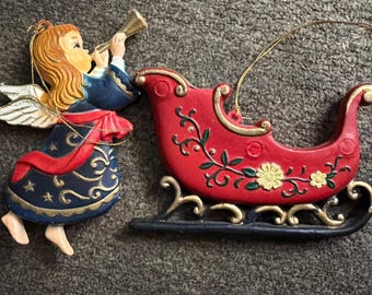 Christmas Tree Ornaments Angel and Sled Hong Kong Hard Plastic Enesco Vintage