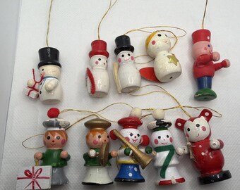Vintage Miniature Wooden Christmas Ornaments Taiwan Hand Painted 10 pieces