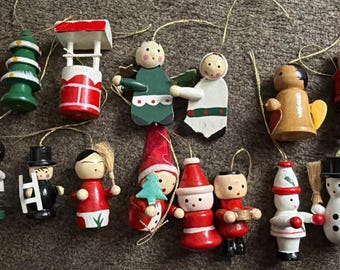Vintage Hand Painted Wooden Christmas Ornaments Lot Of 15
