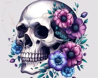 Sublimación de calavera floral PNG, PNG transparente, descarga digital, calavera con flores,