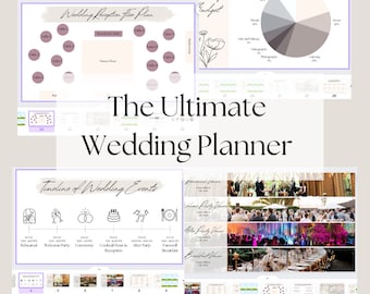 Può includere: Un wedding planner digitale con vari layout, tra cui una planimetria del ricevimento, una ripartizione del budget e una sequenza temporale degli eventi. Il titolo "The Ultimate Wedding Planner" è visualizzato in modo prominente. La combinazione di colori è tenue, con sfumature di viola e beige.