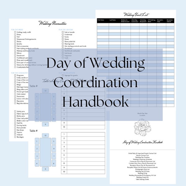 Day of Wedding Coordination Handbook & Binder | Guest List | Seating Chart | Decor List | Digital Planner | Timeline | Photography