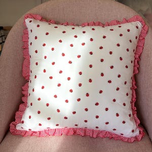 Red and White Ladybug and Gingham Ruffle Cushion