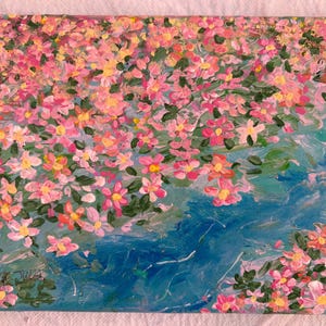 キャンバスに湖を描いたオリジナルの手描きアクリル花アート