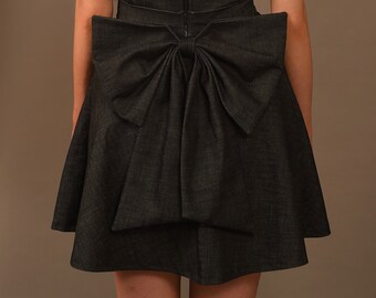 Noir Bow Denim Mini Skirt - Black