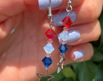 American Flag Crystal Dangling Earrings with Star, Red white blue, Star Dangle Earrings, July4th Star, Labor Day