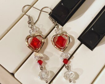 Heart Dangling Earrings, Red White Crystal, Silver Heart, Handmade Jewelry, Crystal Earrings, Gift For Her, Silver Earrings