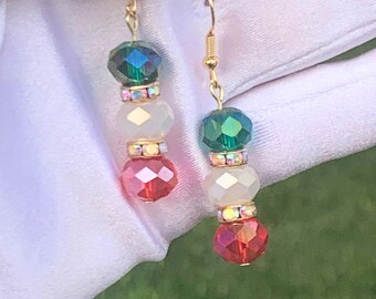 Mexico Flag Crystal Earrings, Green White Red, Gold Color Dangle Drop Earrings, Mom & Grandma Gift, Cinco De Mayo Party, Flag of Mexico