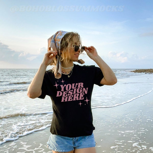 Oversized Black T-Shirt Mockup, Canva 3001 Model Mockup, Boho T-Shirt Mockup, Beach T-Shirt Mockup, Trendy Model Mockup, Ocean Mockup