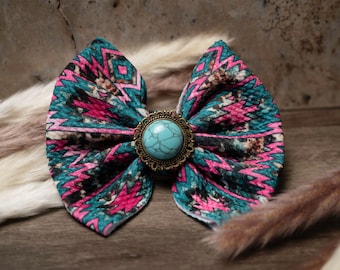 Turquoise Pink Aztec Bow, Boutique Bows, bows for girls, 5 inch bows, big bows, glam, western bows, rodeo, pink and blue bows, bows on clips