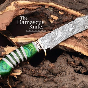Attraktives handgefertigtes DAMASKUS Stahl Jagd BOWIE MESSER | Grüner Pakka Holzgriff Mit Lederscheide | Personalisierter Geschenkartikel | Geschenk für Ihn