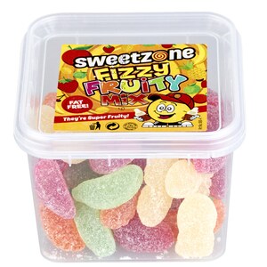 May include: A clear plastic container filled with assorted fizzy fruit-flavored candies. The candies are in various shapes and colors, including pink, orange, green, and yellow. The container has a label that reads "sweetzone Fizzy Fruity Mix".