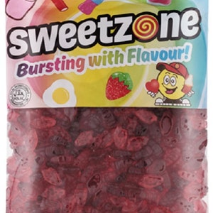 May include: A transparent bag of red gummy sweets. The packaging displays the "sweetz" logo and the phrase "Bursting with Flavour!" with candy illustrations. The bag is filled with red, insect-shaped sweets.