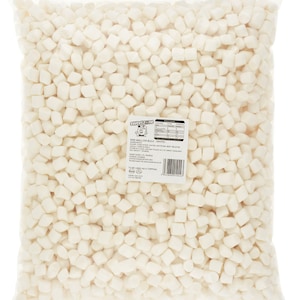 May include: A large clear plastic bag filled with mini white marshmallows. The bag has a label with the text "Sweetzone" and "Mini Mallow Bulk (White)". The marshmallows are small, cube-shaped, and appear to be a topping for desserts or hot beverages.