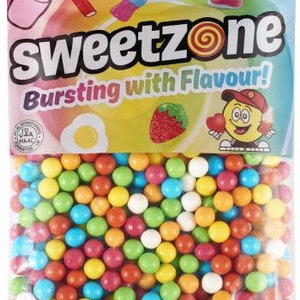 May include: A transparent bag of sweets with the brand name "sweetzone" and the slogan "Bursting with Flavour!". The bag contains a variety of colourful, round candies. The packaging includes cartoon illustrations of sweets and a smiling character.