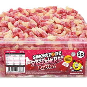 May include: A clear plastic container filled with 350 pieces of pink and yellow fizzy cherry gummy candies shaped like bottles. The container is labeled "Sweetzone Fizzy Cherry Bottles" and "Contains Natural Colors".