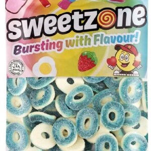 May include: A packet of Sweetz sweets, filled with blue and white ring-shaped gummy candies. The packaging displays the brand name "Sweetz" and the phrase "Bursting with Flavour!" with colourful candy illustrations.