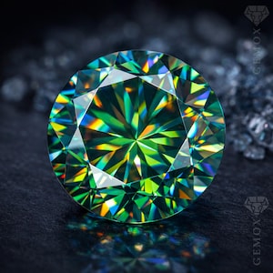 Könnte beinhalten: Ein runder, facettierter Edelstein mit einer lebendigen Farbpalette, darunter Grün, Gelb und Blau. Die Facetten des Steins reflektieren das Licht und erzeugen einen funkelnden Effekt. Der Edelstein ist vor einem dunklen Hintergrund platziert.
