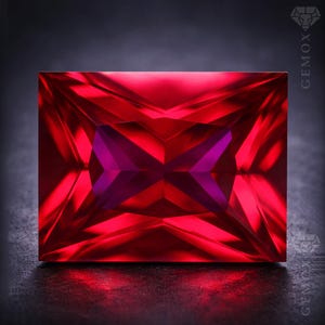 Può includere: Una gemma a taglio rettangolare, di un rosso intenso, con sfaccettature complesse che riflettono la luce. L'interno della gemma rivela un nucleo magenta vibrante, esaltando la sua brillantezza. Il logo Gemox è visibile in alto a destra.